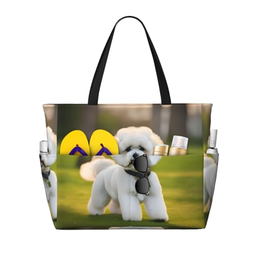 DRTGEDS Bichon Frise Hund auf Rasen Strandtasche und Pooltasche für Frauen viele Taschen. Die Strandtasche ist mit Reißverschluss Turntasche Reise, schwarzes, Einheitsgröße von DRTGEDS