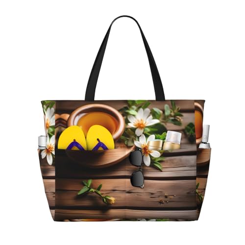 DRTGEDS Blaugrüne Blume auf Holzplanke, große Kapazität, Tragetasche mit Reißverschluss, sanddicht, für Damen, Strandtasche, Handtasche, Turnbeutel, Reisen, Schwarz, Einheitsgröße von DRTGEDS