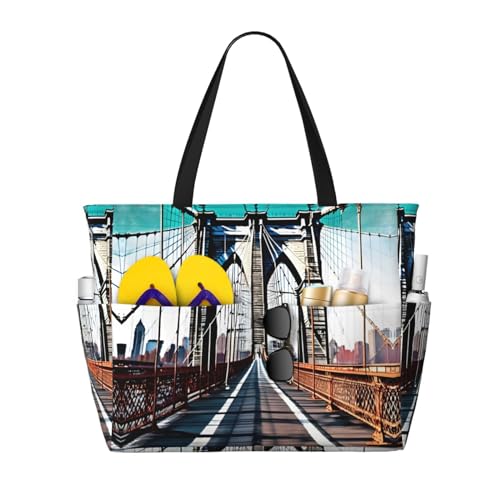 DRTGEDS Brooklyn Bridge Tragetasche mit großem Fassungsvermögen, mit Reißverschluss, sanddicht, für Damen, Strandtasche, Handtasche, Turnbeutel, Reisen, Schwarz , Einheitsgröße von DRTGEDS