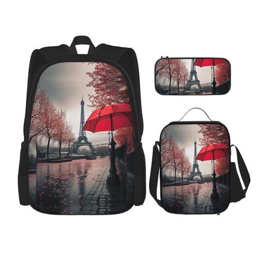 DRTGEDS Eiffelturm mit rotem Regenschirm, Rucksack mit Lunchbox, 3-in-1-Set mit Federmäppchen, Rucksack mit großem Fassungsvermögen und Brustgurt von DRTGEDS