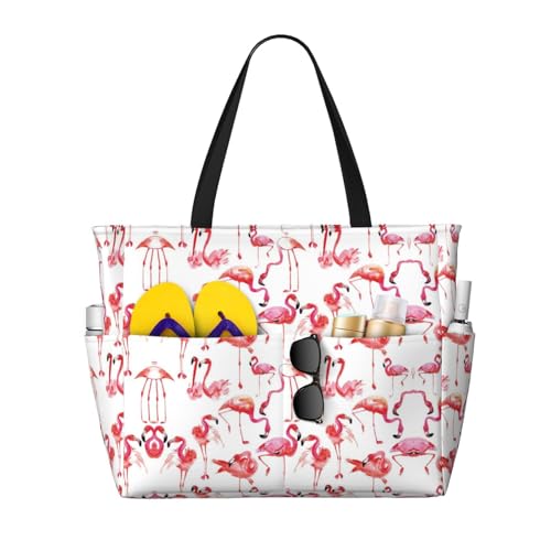 DRTGEDS Flamingos Strandtasche und Pooltasche für Damen, viele Taschen, Strandtasche mit Reißverschluss, Turnbeutel für Reisen, Schwarz, Einheitsgröße von DRTGEDS