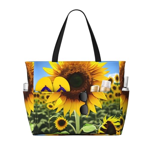 DRTGEDS Gelbe Sonnenblumen-Einkaufstasche mit Reißverschluss, sanddicht, für Damen, Strandtasche, Handtasche, Turnbeutel, Reisen, Schwarz, Einheitsgröße von DRTGEDS