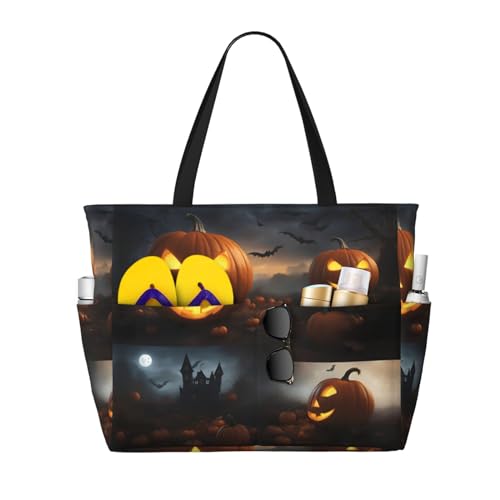 DRTGEDS Halloween-Kürbis-Strandtasche für Damen, groß, wasserdicht, Strandtasche, Reißverschluss, Strandtasche, Schwimmbadtasche, große Tragetasche, Schwarz, Einheitsgröße von DRTGEDS