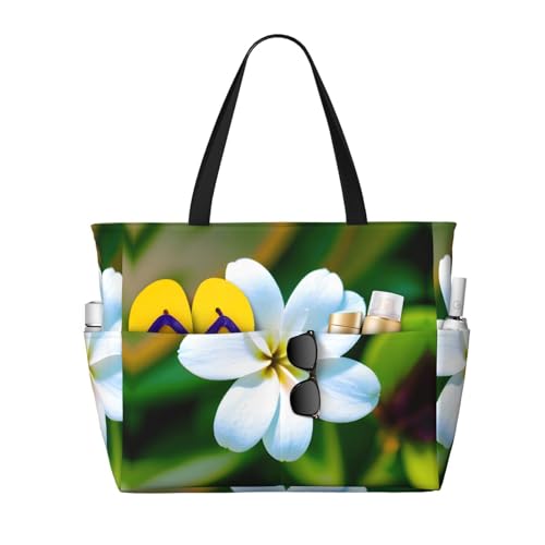 DRTGEDS Hawaii-Blume, große Kapazität, Tragetasche mit Reißverschluss, sanddicht, für Damen, Strandtasche, Handtasche, Turnbeutel, Reisen, Schwarz, Einheitsgröße von DRTGEDS