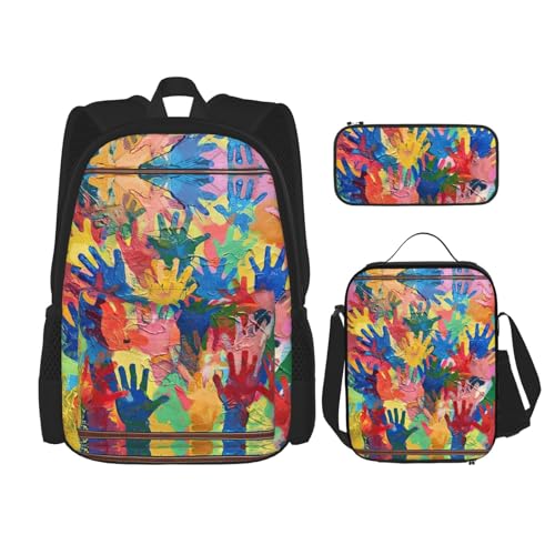 DRTGEDS Kinder-Rucksack mit Handabdruck, Lunchbox, 3-in-1-Set mit Federmäppchen, Rucksack mit großem Fassungsvermögen und Brustgurt von DRTGEDS