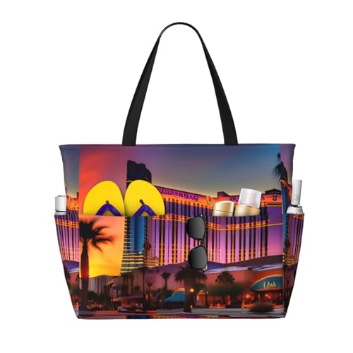 DRTGEDS Las Vegas Sunset Tragetasche mit Reißverschluss, sanddicht, für Damen, Strandtasche, Handtasche, Turnbeutel, Reisen, Schwarz, One Size von DRTGEDS