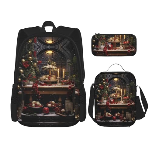 DRTGEDS Merry Christmas Rucksack mit Lunchbox, 3-in-1-Set mit Federmäppchen, Rucksack mit großem Fassungsvermögen und Brustgurt von DRTGEDS