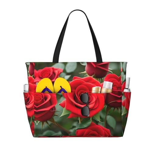 DRTGEDS Rote Rosen-Blumen, große Kapazität, Tragetasche mit Reißverschluss, sanddicht, für Damen, Strandtasche, Handtasche, Turnbeutel, Reisen, Schwarz, Einheitsgröße von DRTGEDS