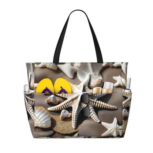 DRTGEDS Strandtasche, Seestern, große Kapazität, Tragetasche mit Reißverschluss, sanddicht, für Damen, Strandtasche, Handtasche, Turnbeutel, Reisen, Schwarz, Einheitsgröße von DRTGEDS