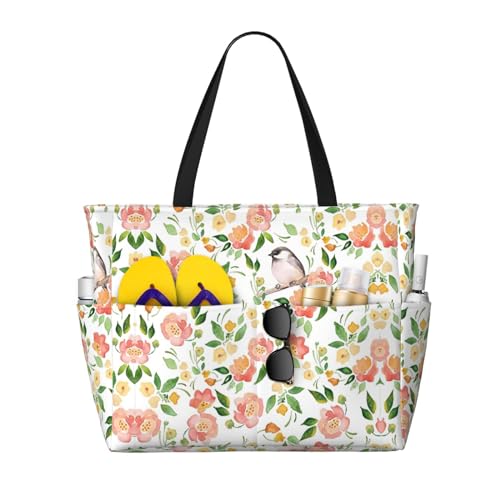 DRTGEDS Strandtasche mit Blumen und Vögeln für Damen, groß, wasserdicht, mit Reißverschluss, Strandtasche, Schwimmbadtasche, große Tragetasche, Schwarz, Einheitsgröße von DRTGEDS