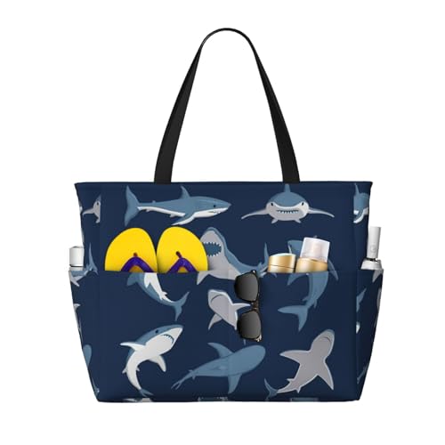 DRTGEDS Strandtasche mit Cartoon-Hai-Motiv für Damen, groß, wasserdicht, mit Reißverschluss, Strandtasche, Schwimmbad, große Tragetasche, Blau, Schwarz, Einheitsgröße von DRTGEDS