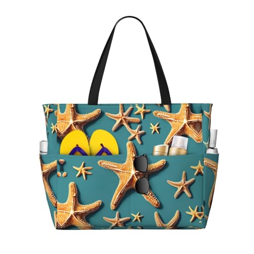 DRTGEDS Strandtasche mit Seestern, große Kapazität, mit Reißverschluss, sanddicht, für Damen, Strandtasche, Handtasche, Turnbeutel, Reisen, Schwarz, Einheitsgröße von DRTGEDS