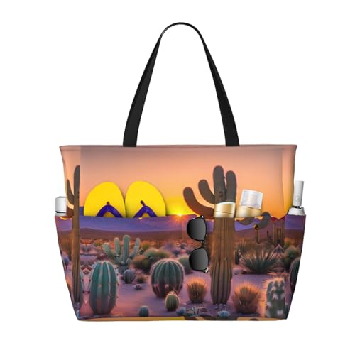 DRTGEDS Strandtasche und Pooltasche für Damen, Motiv: Kaktuswüste, Sonnenuntergänge, Tonne Taschen, Strandtasche mit Reißverschluss, Schwarz, Einheitsgröße von DRTGEDS