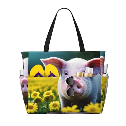 DRTGEDS Strandtasche und Pooltasche für Damen, Motiv: Rapsblumen, Schwein, viele Taschen, Strandtasche mit Reißverschluss, Turnbeutel für Reisen, Schwarz, Einheitsgröße von DRTGEDS