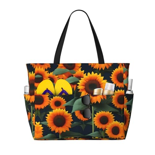 DRTGEDS Strandtasche und Pooltasche für Damen, Motiv: Sonnenblume, Orange, viele Taschen, Strandtasche mit Reißverschluss, Schwarz, Einheitsgröße von DRTGEDS