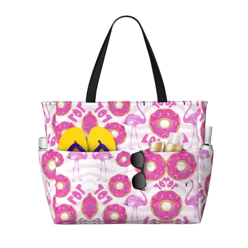 DRTGEDS Strandtasche und Pooltasche mit Flamingo und Donuts, für Damen, viele Taschen, Strandtasche mit Reißverschluss, Turnbeutel für Reisen, Schwarz, Einheitsgröße von DRTGEDS