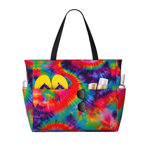 DRTGEDS Strandtasche und Pooltasche mit buntem Batikmuster für Damen, viele Taschen, Strandtasche mit Reißverschluss, Turnbeutel für Reisen, Schwarz, Einheitsgröße von DRTGEDS