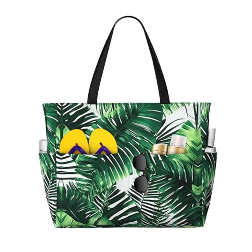 DRTGEDS Strandtasche und Pooltasche mit tropischen Palmenblättern, für Damen, viele Taschen, Strandtasche mit Reißverschluss, Turnbeutel für Reisen, Schwarz, Einheitsgröße von DRTGEDS