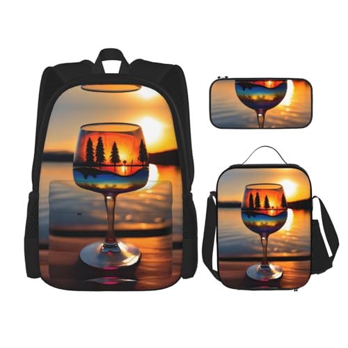 DRTGEDS Sunset Weinglas-Rucksack, 3-in-1-Set, lässiger Rucksack mit Lunchbox, Federmäppchen, wasserabweisend von DRTGEDS