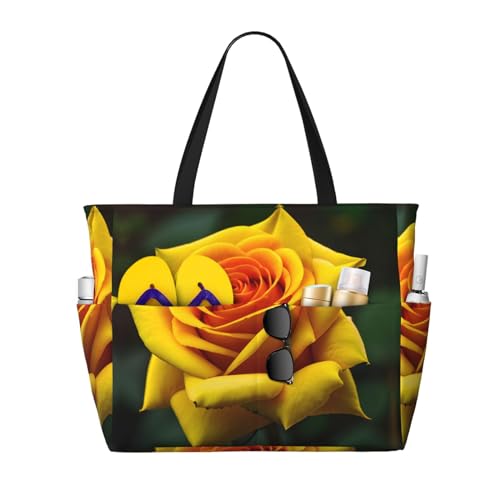 DRTGEDS Tragetasche mit gelbem Rosenbild, großes Fassungsvermögen, mit Reißverschluss, sanddicht, für Damen, Strandtasche, Handtasche, Turnbeutel, Reisen, Schwarz, Einheitsgröße von DRTGEDS