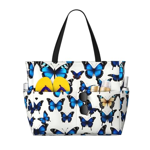 DRTGEDS Viele blaue Schmetterlings-Strandtasche und Pooltasche für Damen, viele Taschen, Strandtasche mit Reißverschluss, Turnbeutel für Reisen, Schwarz, Einheitsgröße von DRTGEDS