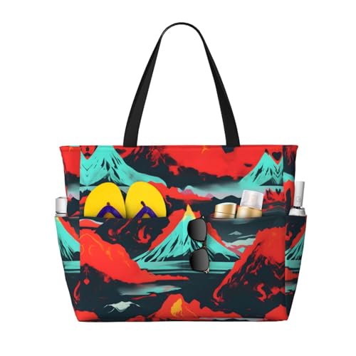 DRTGEDS Volcano Bloom Tragetasche mit großem Fassungsvermögen, mit Reißverschluss, sanddicht, für Damen, Strandtasche, Handtasche, Turnbeutel, Reisen, Schwarz , Einheitsgröße von DRTGEDS