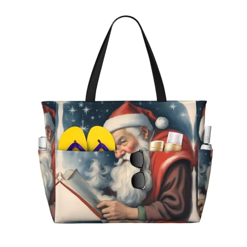 DRTGEDS Weihnachtsmann-Strandtasche für Damen, groß, wasserdicht, Strandtasche, Reißverschluss, Strandtasche, Schwimmbadtasche, große Tragetasche, Schwarz, Einheitsgröße von DRTGEDS