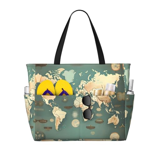 DRTGEDS Weltkarte Retro Strandtasche und Pooltasche für Frauen Tonne Taschen Strandtasche mit Reißverschluss Turnbeutel Reise, Schwarz, Einheitsgröße von DRTGEDS