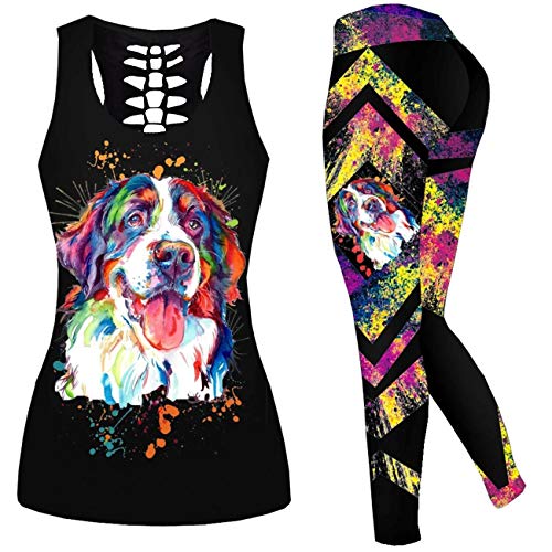 DRZHEAM Frauen 2 Stück Casual Totenkopf Outfits 3D Gedruckt Aushöhlen Tank Tops Yoga Leggings Jogger Sets Activewear (Black-i, M) von DRZHEAM