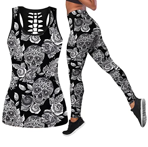 DRZHEAM Frauen 2 Stück Casual Totenkopf Outfits 3D Gedruckt Aushöhlen Tank Tops Yoga Leggings Jogger Sets Activewear (skull 01, XL) von DRZHEAM