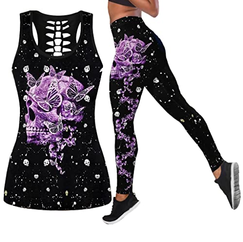 DRZHEAM Frauen 2 Stück Casual Totenkopf Outfits 3D Gedruckt Aushöhlen Tank Tops Yoga Leggings Jogger Sets Activewear (skull 02, M) von DRZHEAM