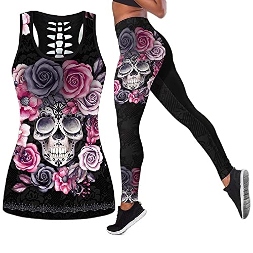 DRZHEAM Frauen 2 Stück ärmellose Totenkopf Tank Tops und hohe Taille Yoga Leggings Gym Outfits Activewear Sportbekleidung (as3, alpha, l, regular, regular, Black-1) von DRZHEAM