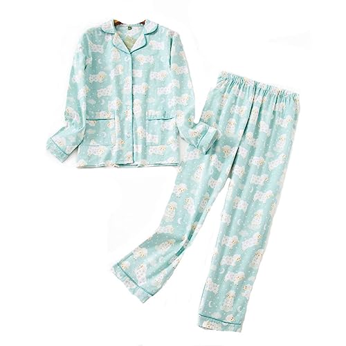 DSKK Schlafanzug Damen lang Baumwolle Winter,Pyjama Freizeitanzug Set mit Knopfleiste Sleepwear Set,Pyjama Zweiteilige Flanell Nachtwäsche (Blau,S) von DSKK