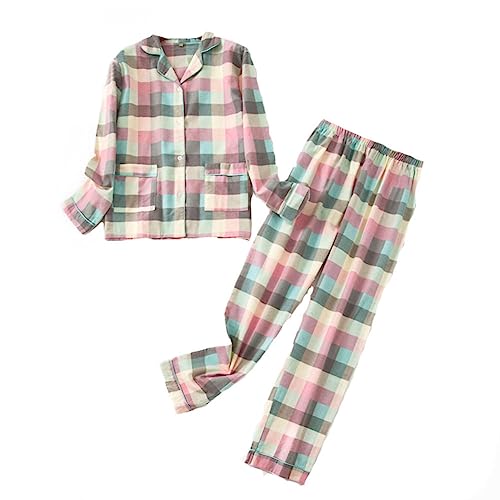 DSKK Schlafanzug Damen lang Baumwolle Winter,Pyjama Freizeitanzug Set mit Knopfleiste Sleepwear Set,Pyjama Zweiteilige Flanell Nachtwäsche (Rosa,XS) von DSKK