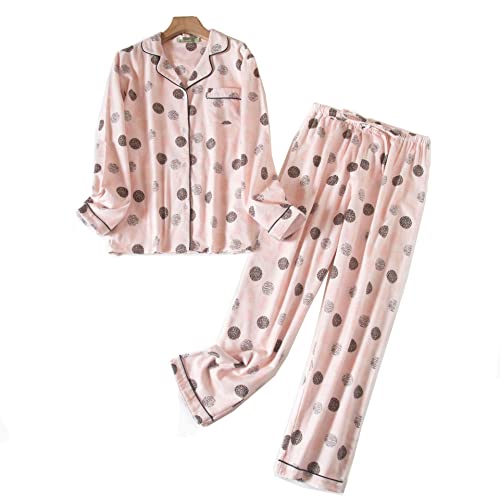 DSKK Schlafanzug Damen lang Baumwolle Winter,Pyjama Freizeitanzug Set mit Knopfleiste Sleepwear Set,Pyjama Zweiteilige Flanell Nachtwäsche (Rosa-2,M) von DSKK