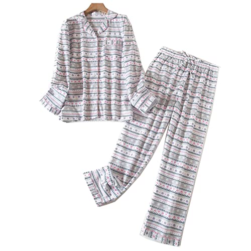 DSKK Schlafanzug Damen lang Baumwolle Winter,Pyjama Freizeitanzug Set mit Knopfleiste Sleepwear Set,Pyjama Zweiteilige Flanell Nachtwäsche (Weiß,M) von DSKK