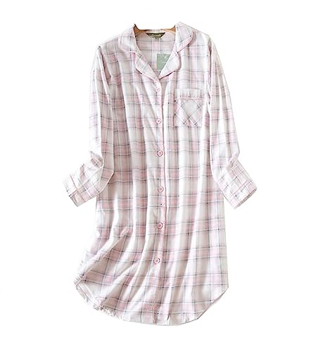 Damen Schlafhemd Kariertes Baumwolle Nachthemd Button Down Sleep Damen Langarm Nachthemd Pyjama Tops Damen Nachthemd (Rosa,XXL) von DSKK