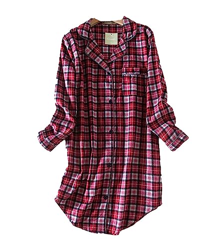 Nachthemd Damen Baumwolle Schlafhemd Kariertes Button Down Damen Langarm Pyjama,Damen Nachthemd Kariertes Hemd (Violett,L) von DSKK