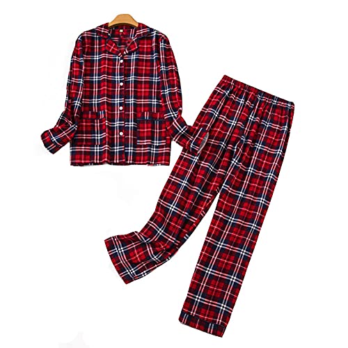 DSKK Schlafanzug Damen lang Baumwolle Winter,Pyjama Freizeitanzug Set mit Knopfleiste Sleepwear Set,Pyjama Zweiteilige Flanell Nachtwäsche (Rot,M) von DSKK