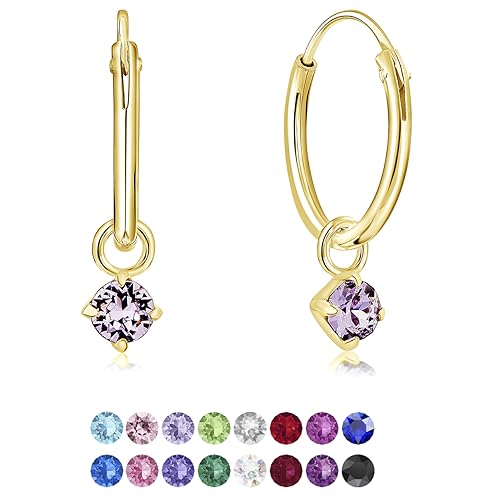 DTPsilver® KLEINE Creolen Ohrringe 925 Sterling Silber Gelb Vergoldet mit 3 mm Baumelnde Swarovski® Elements Kristall - Mädchen - Dicke 1.2 mm - Durchmesser 12 mm - Farbe : Violett von DTPsilver