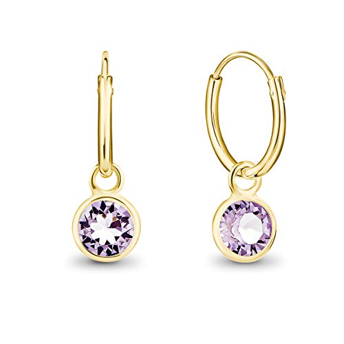 DTPsilver® KLEINE Creolen Ohrringe 925 Sterling Silber Gelb Vergoldet mit Swarovski® Elements Kristall Rund - Mädchen - Dicke 1.2 mm - Durchmesser 12 mm - Farbe : Violett von DTPsilver