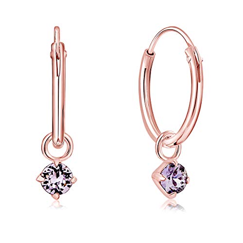 DTPsilver® KLEINE Creolen Ohrringe 925 Sterling Silber Rosen-Gold überzogen mit 3 mm Baumelnde Swarovski® Elements Kristall - Mädchen - Dicke 1.2 mm - Durchmesser 12 mm - Farbe : Violett von DTPsilver