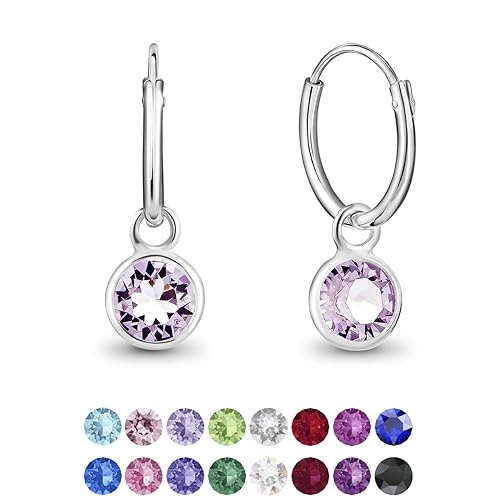 DTPsilver® KLEINE Creolen Ohrringe 925 Sterling Silber mit Swarovski® Elements Kristall Rund - Mädchen - Dicke 1.2 mm - Durchmesser 12 mm - Farbe : Violett von DTPsilver