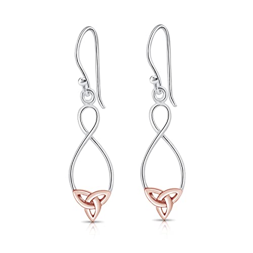 DTPsilver® KLEINE Haken Ohrringe Zweifarbig 925 Sterling Silber und Rosen-Gold überzogen - Keltischer Dreifaltigkeitsknoten Triquetra - Ohrringe Messen 9 x 36 mm von DTPsilver