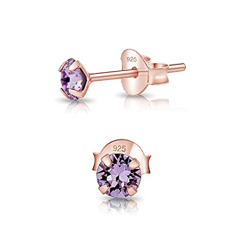 DTPsilver - Winzige Ohrringe 925 Sterling Silber Rosèvergoldet mit Kristallen von Swarovski® Elements Runde Sehr kleine Ohrstecker - Durchmesser 3 mm - Farbe : Violett von DTPsilver