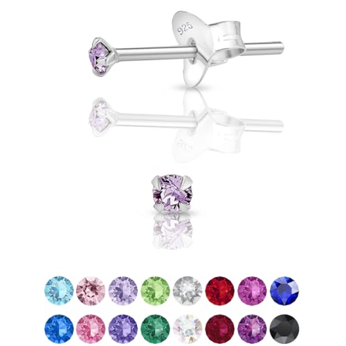 DTPsilver - Winzige Ohrringe 925 Sterling Silber mit Kristallen von Swarovski® Elements Runde Sehr kleine Ohrstecker - Durchmesser 2 mm - Farbe : Violett von DTPsilver