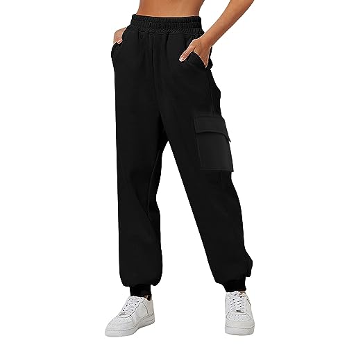 DUHGBNE Dünne, hoch taillierte, lockere Jogginghose für Damen, Bequeme, hoch taillierte Jogginghose mit Taschen, lässige Jogginghose Damen Hosen Modern (Black, L) von DUHGBNE