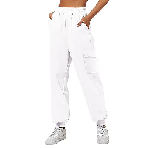 DUHGBNE Dünne, hoch taillierte, lockere Jogginghose für Damen, Bequeme, hoch taillierte Jogginghose mit Taschen, lässige Jogginghose Damen Hosen Modern (White, M) von DUHGBNE