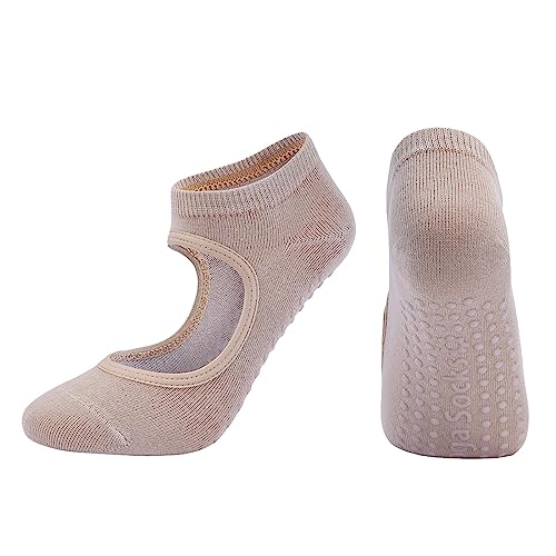 DUHGBNE Einfarbige, rückenfreie Grip-Socken für Damen, Yoga-Sportsocken, rutschfeste Hausschuhe-Socken für Damen Socken Damen Schwarz 35-38 (Beige, One Size) von DUHGBNE