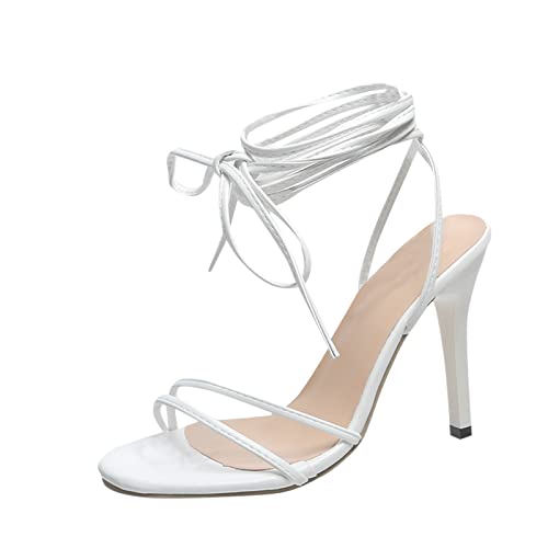 DUHGBNE einfarbig Open Toe Fußkettchen Riemen dünne High Heels Sandalen Sommer Schuhe Für Damen Sandalen (White, 40) von DUHGBNE